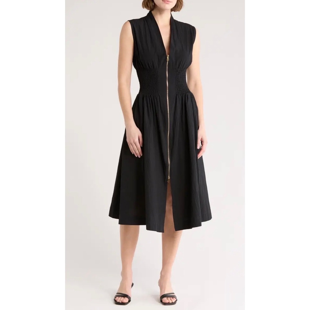 52seven Women's‎ L Dolce Vita Midi Dress Black Smocked Waist Zipper NEW